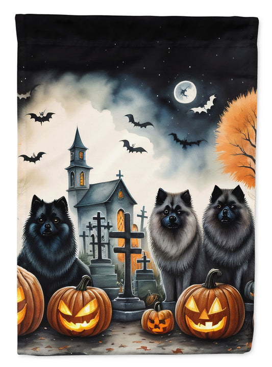 Keeshond Spooky Halloween Garden Flag – Dog in Cemetery Scene