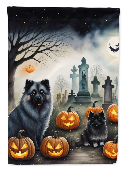 Keeshond Spooky Halloween Garden Flag – Dog in Cemetery Scene