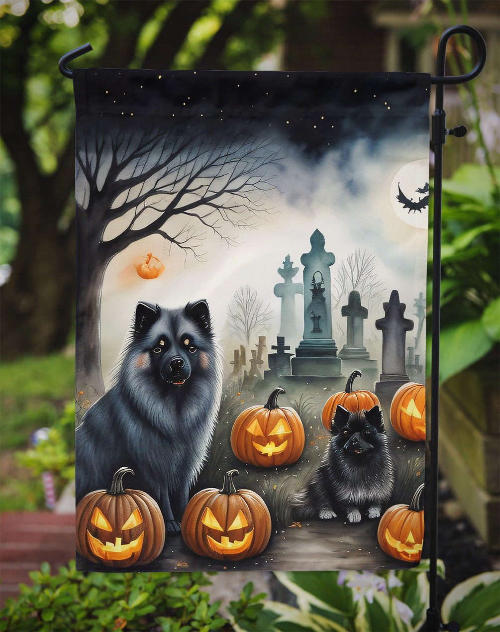 Keeshond Spooky Halloween Garden Flag – Dog in Cemetery Scene