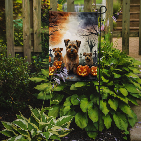Norfolk Terrier Spooky Halloween Garden Flag – Dog in Cemetery Scene