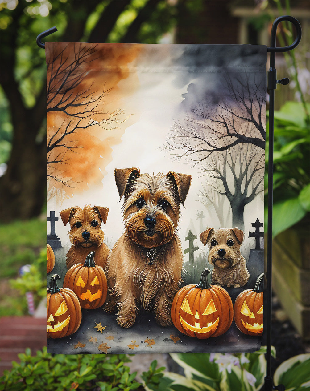 Norfolk Terrier Spooky Halloween Garden Flag – Dog in Cemetery Scene