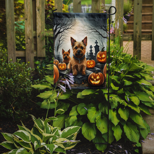 Norwich Terrier Spooky Halloween Garden Flag – Dog in Cemetery Scene
