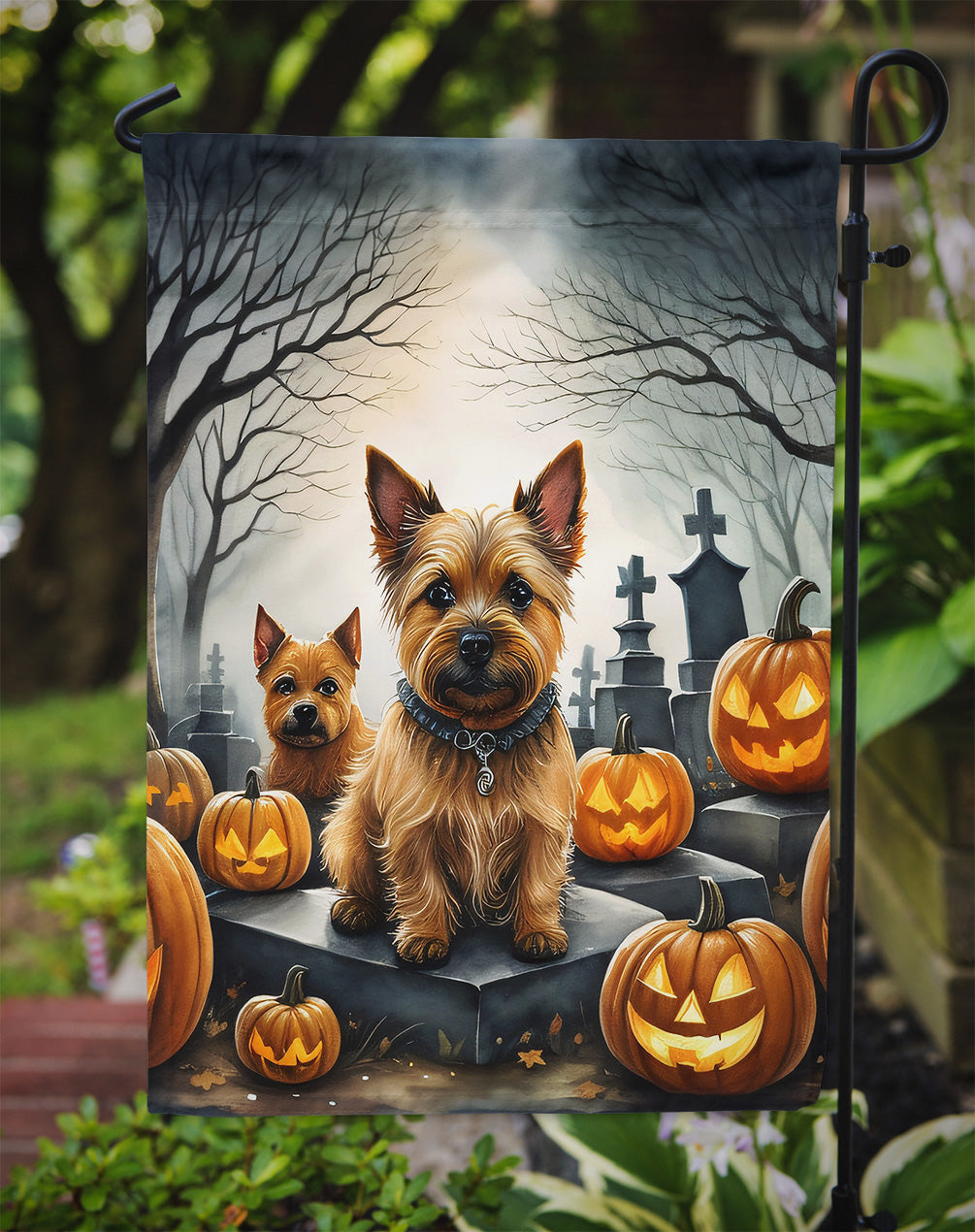 Norwich Terrier Spooky Halloween Garden Flag – Dog in Cemetery Scene