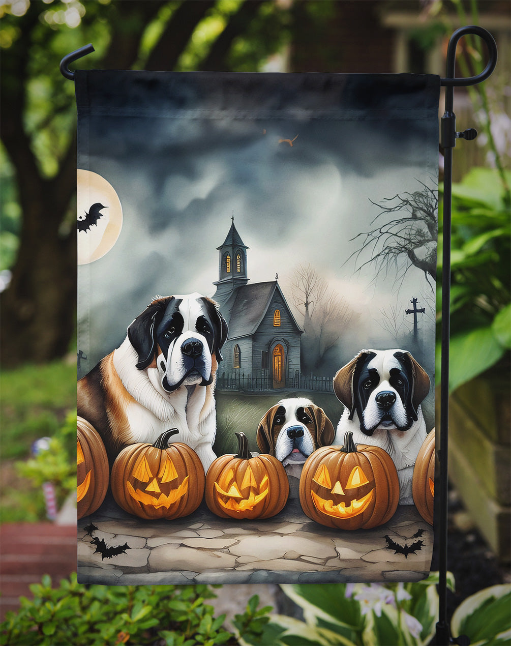Saint Bernard Spooky Halloween Garden Flag – Dog in Cemetery Scene
