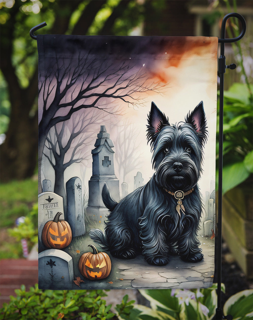Scottish Terrier Spooky Halloween Garden Flag – Dog in Cemetery Scene