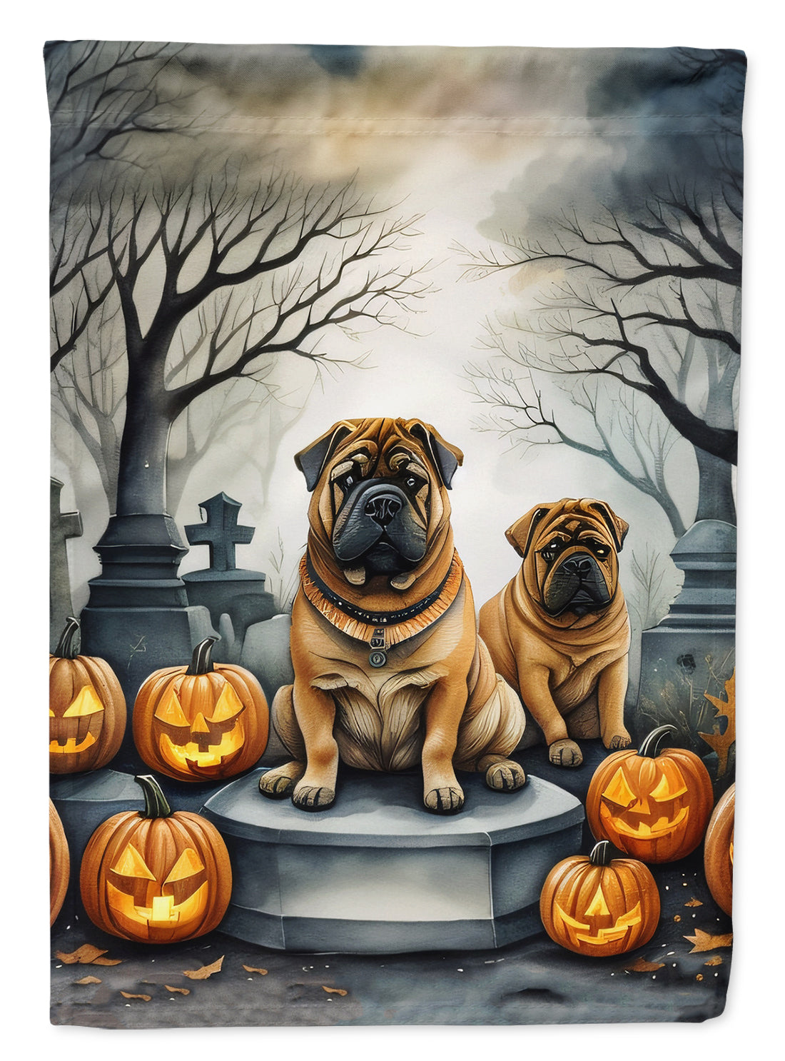 Shar Pei Spooky Halloween Garden Flag – Dog in Cemetery Scene