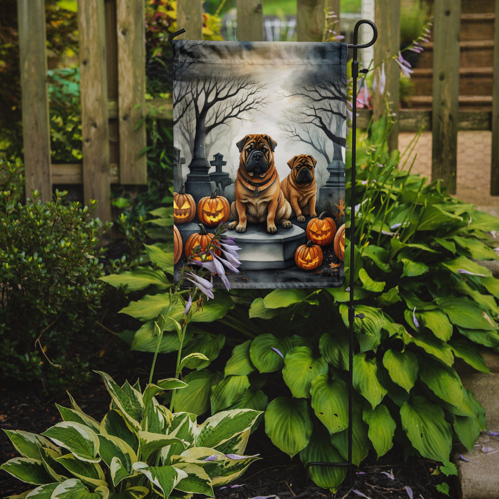 Shar Pei Spooky Halloween Garden Flag – Dog in Cemetery Scene