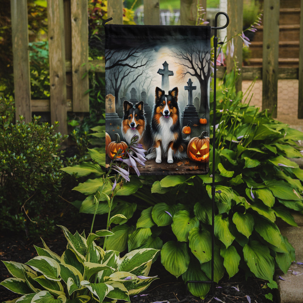 Sheltie Spooky Halloween Garden Flag – Dog in Cemetery Scene