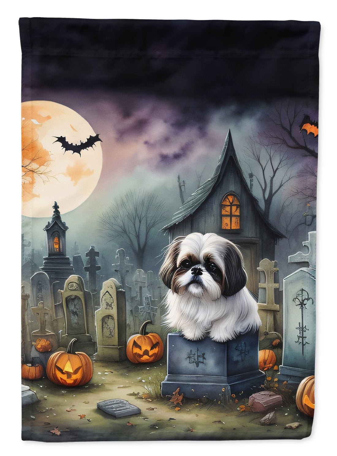 Shih Tzu Spooky Halloween Garden Flag – Dog in Cemetery Scene