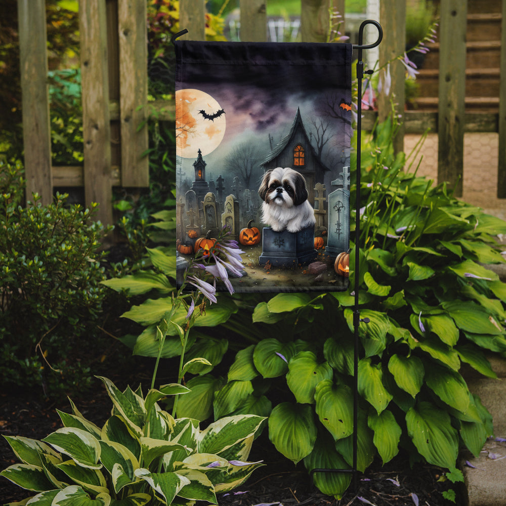 Shih Tzu Spooky Halloween Garden Flag – Dog in Cemetery Scene