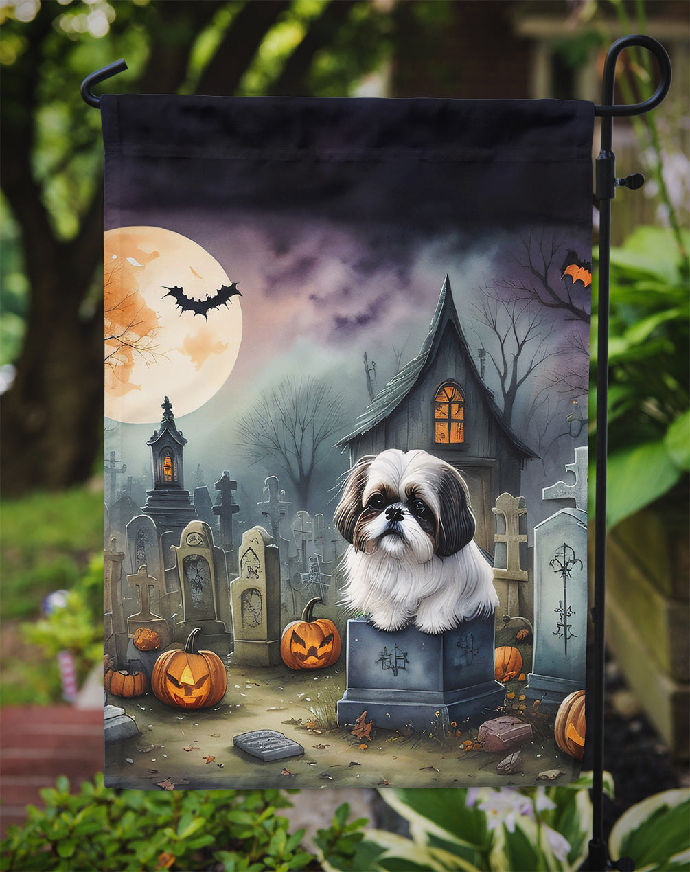 Shih Tzu Spooky Halloween Garden Flag – Dog in Cemetery Scene