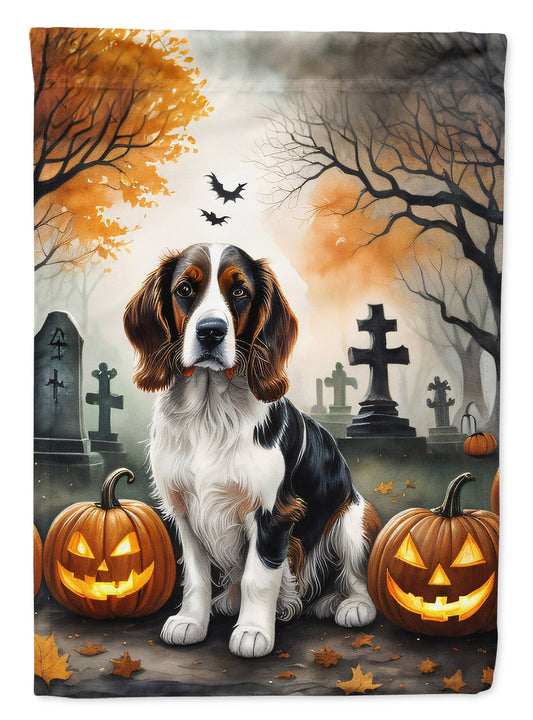 Welsh Springer Spaniel Spooky Halloween Garden Flag – Dog in Cemetery Scene