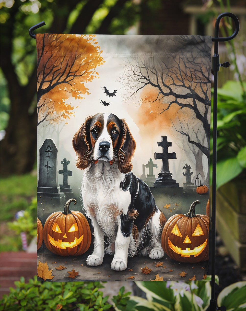 Welsh Springer Spaniel Spooky Halloween Garden Flag – Dog in Cemetery Scene