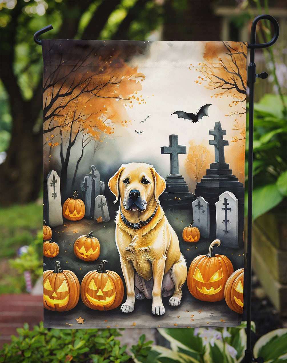 Yellow Labrador Retriever Spooky Halloween Garden Flag – Dog in Cemetery Scene