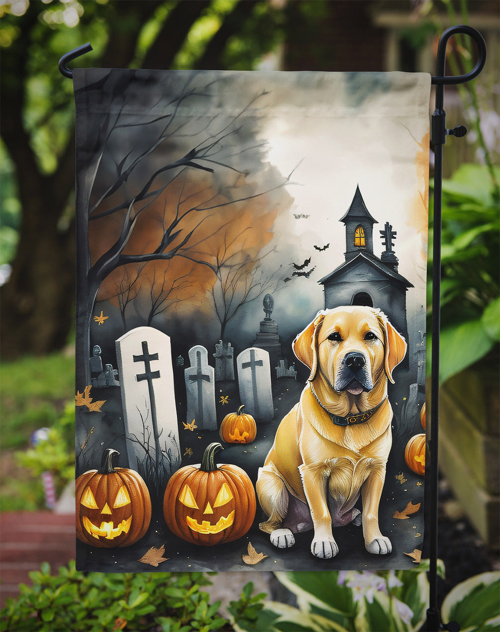 Yellow Labrador Retriever Spooky Halloween Garden Flag – Dog in Cemetery Scene