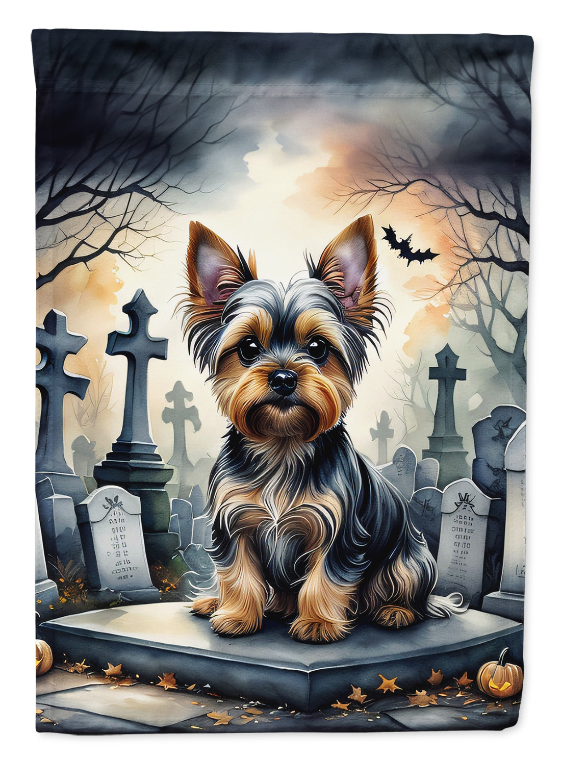 Yorkshire Terrier Spooky Halloween Garden Flag – Dog in Cemetery Scene