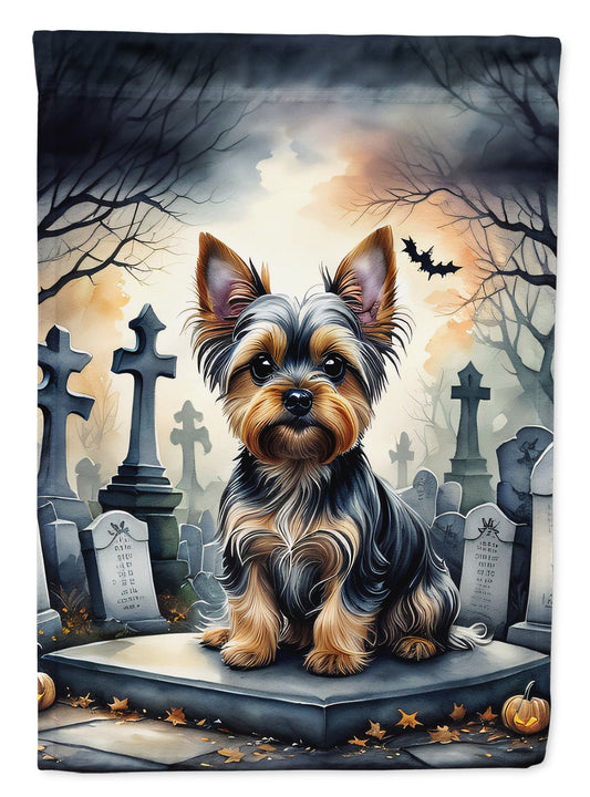 Yorkshire Terrier Spooky Halloween Garden Flag – Dog in Cemetery Scene
