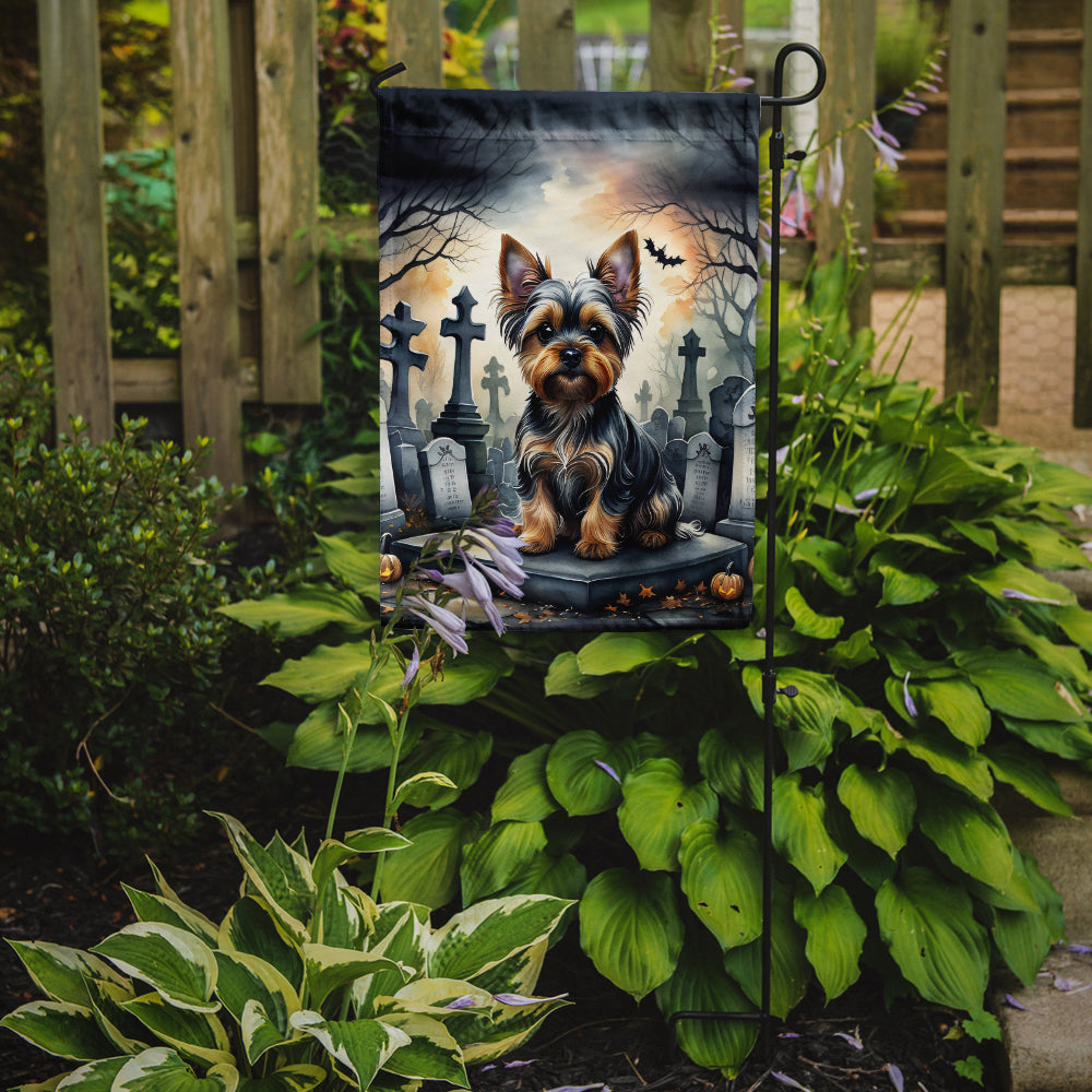 Yorkshire Terrier Spooky Halloween Garden Flag – Dog in Cemetery Scene
