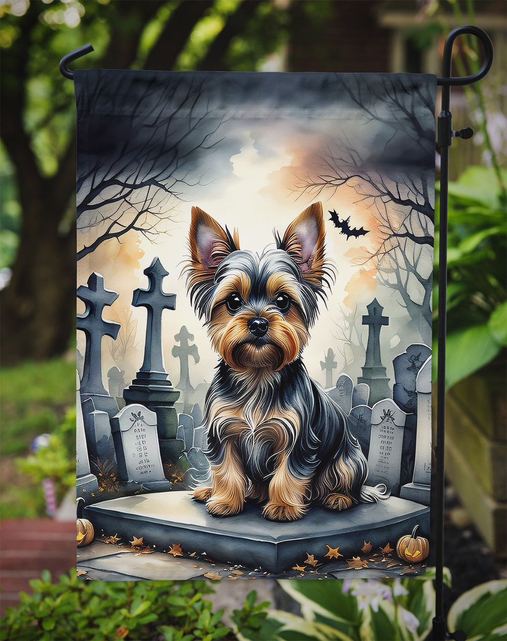 Yorkshire Terrier Spooky Halloween Garden Flag – Dog in Cemetery Scene