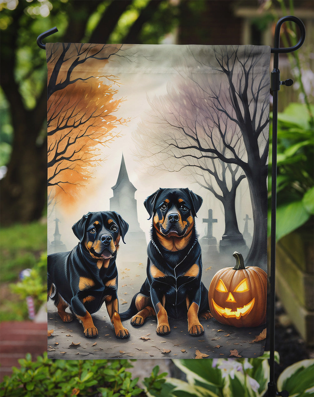 Rottweiler Spooky Halloween Garden Flag – Dog in Cemetery Scene