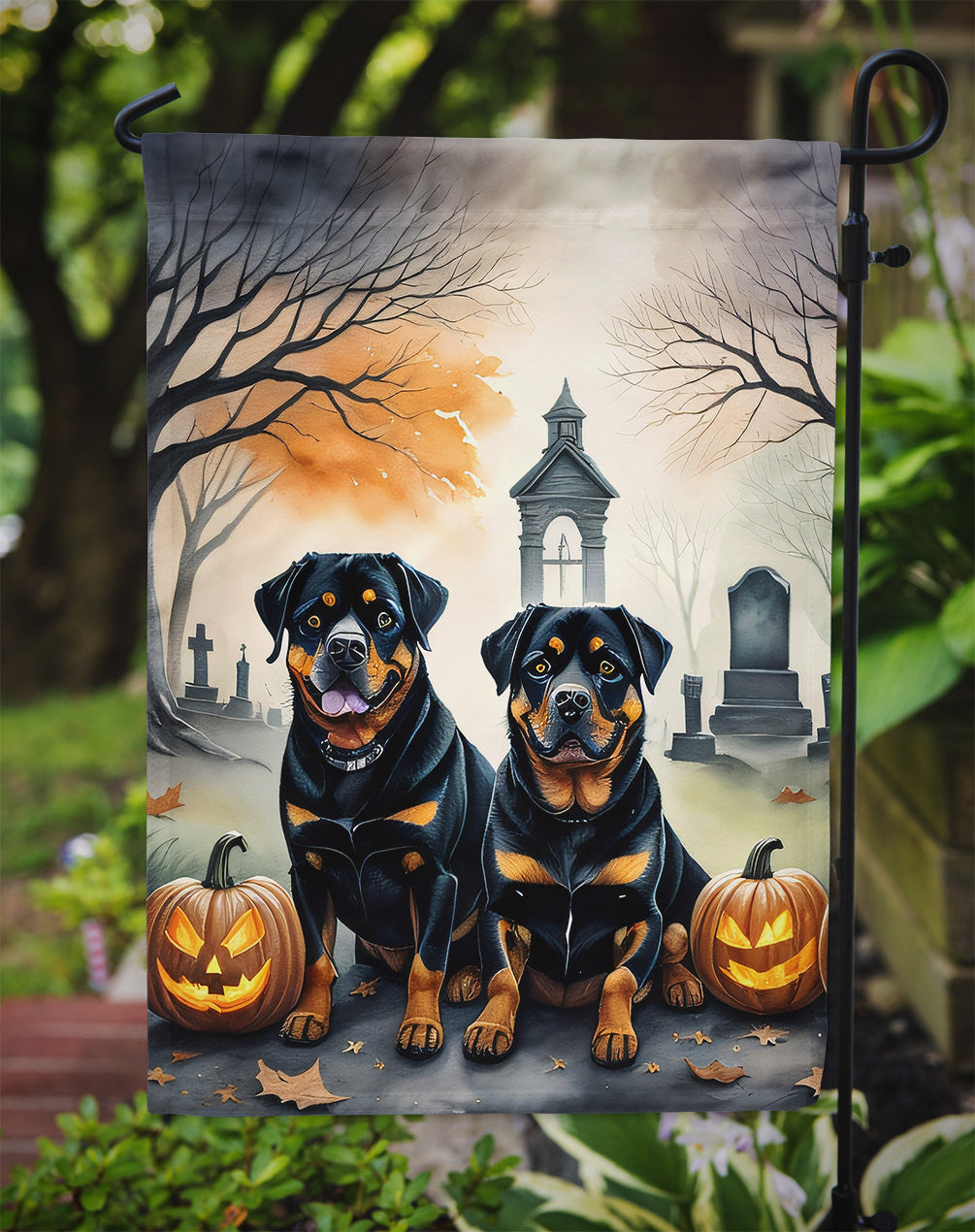 Rottweiler Spooky Halloween Garden Flag – Dog in Cemetery Scene