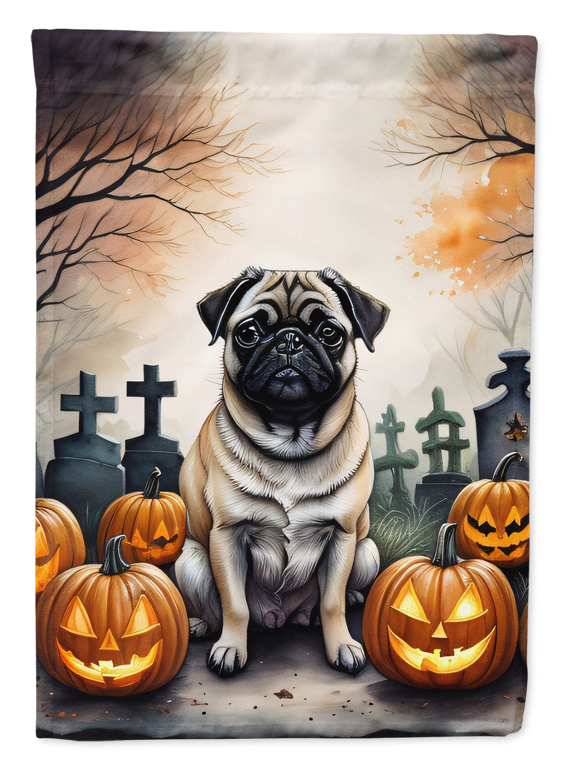 Fawn Pug Spooky Halloween House Flag