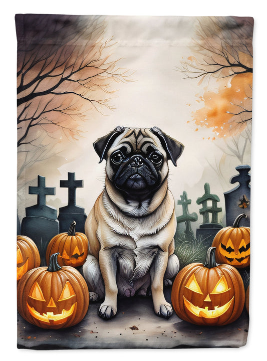 Fawn Pug Spooky Halloween Garden Flag – Dog in Cemetery Scene