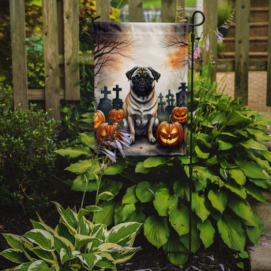 Fawn Pug Spooky Halloween Garden Flag – Dog in Cemetery Scene