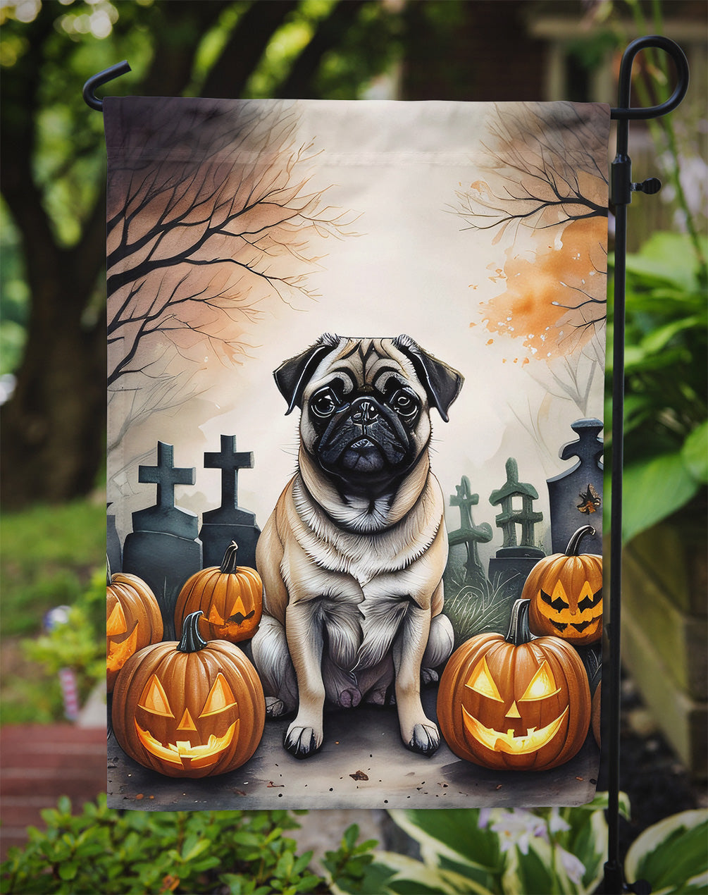 Fawn Pug Spooky Halloween Garden Flag – Dog in Cemetery Scene