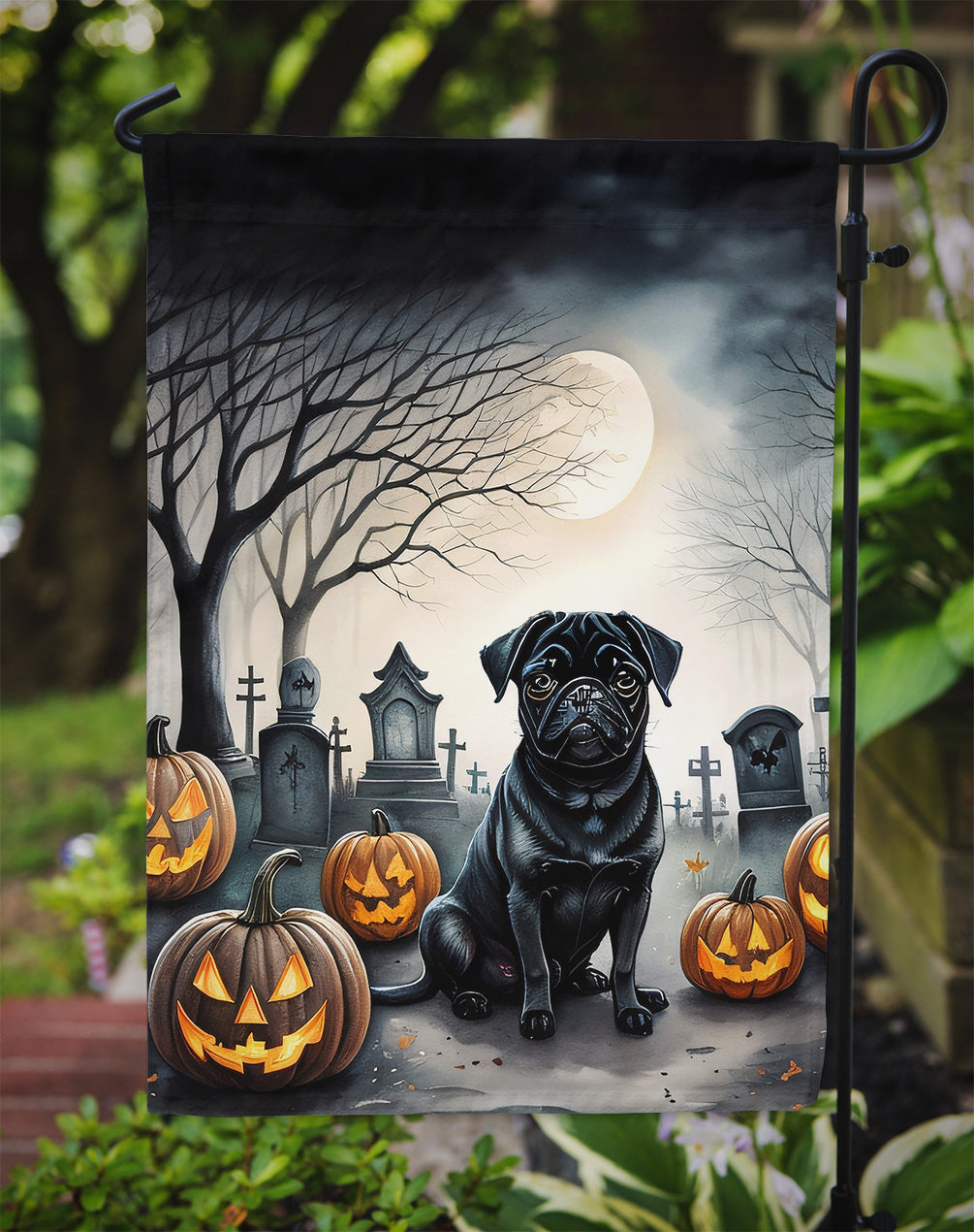 Black Pug Spooky Halloween Garden Flag – Dog in Cemetery Scene
