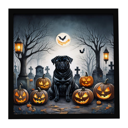 Black Pug Spooky Halloween Framed Metal Print
