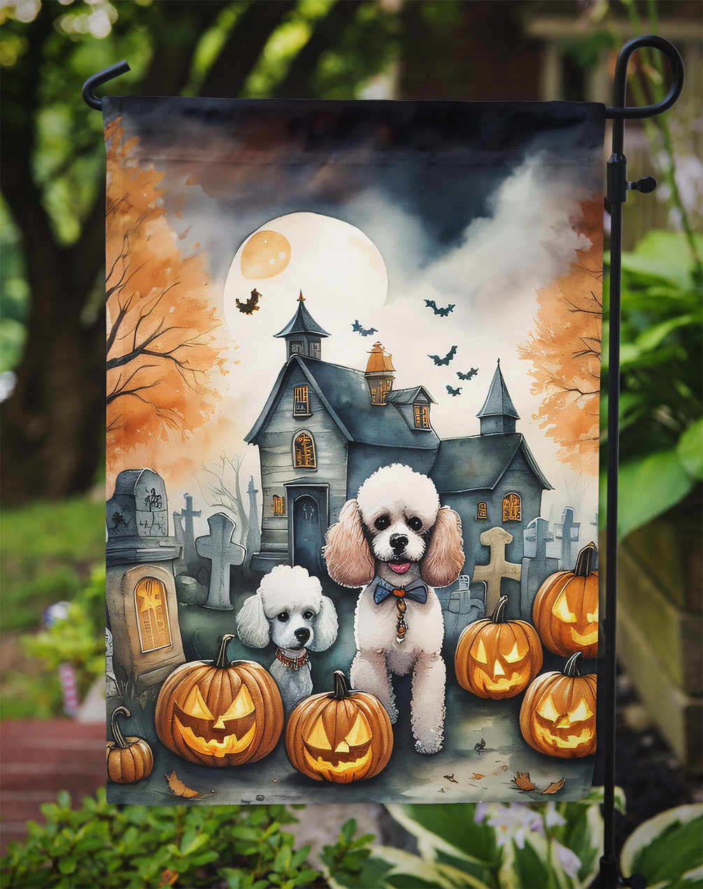Poodle Spooky Halloween Garden Flag – Dog in Cemetery Scene
