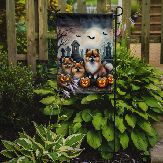Pomeranian Spooky Halloween Garden Flag – Dog in Cemetery Scene