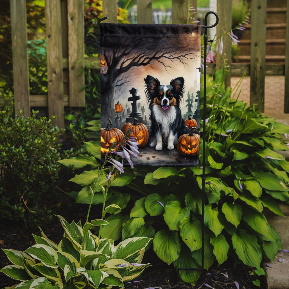 Papillon Spooky Halloween Garden Flag – Dog in Cemetery Scene
