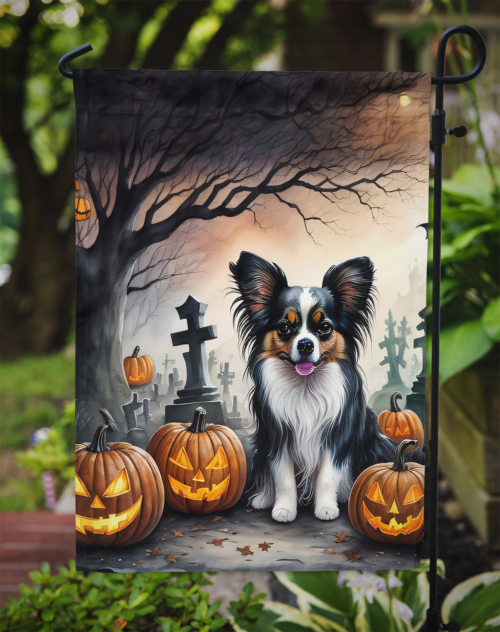 Papillon Spooky Halloween Garden Flag – Dog in Cemetery Scene