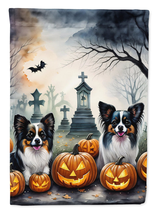 Papillon Spooky Halloween Garden Flag – Dog in Cemetery Scene