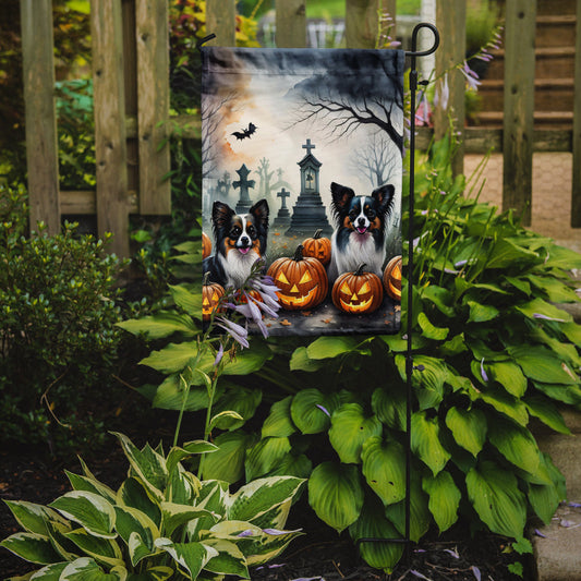 Papillon Spooky Halloween Garden Flag – Dog in Cemetery Scene