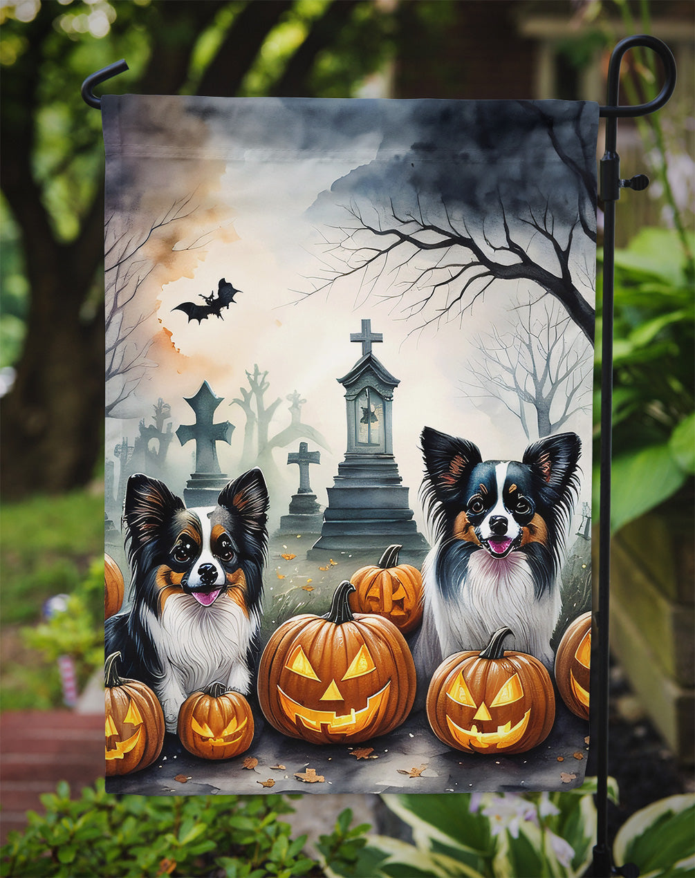 Papillon Spooky Halloween Garden Flag – Dog in Cemetery Scene