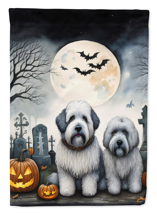 Old English Sheepdog Spooky Halloween Garden Flag – Dog in Cemetery Scene