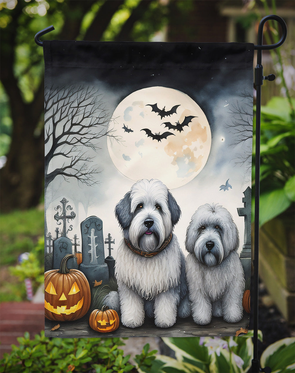 Old English Sheepdog Spooky Halloween Garden Flag – Dog in Cemetery Scene
