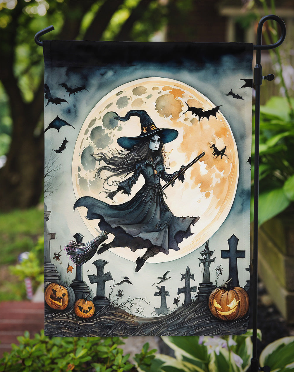 Flying Witch Spooky Halloween Garden Flag – Outdoor Decorative Yard Flag