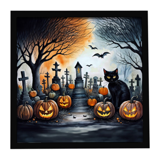 Black Cat Spooky Halloween Framed Metal Print