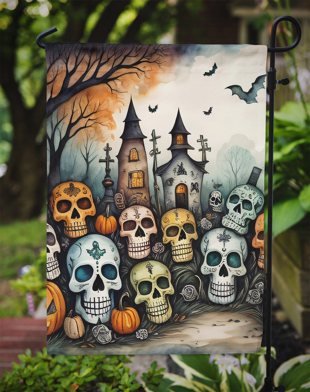 Calaveras Sugar Skulls Spooky Halloween Garden Flag – Outdoor Decorative Yard Flag