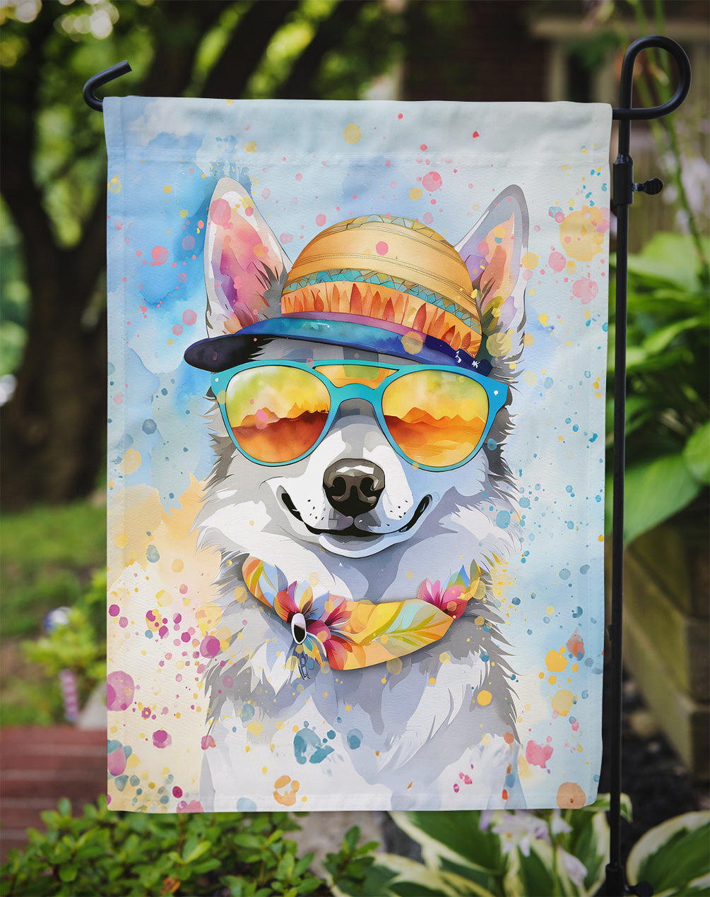 Alaskan Klee Kai Hippie Dawg Garden Flag – Retro Dog with Sunglasses & Multicolored Background