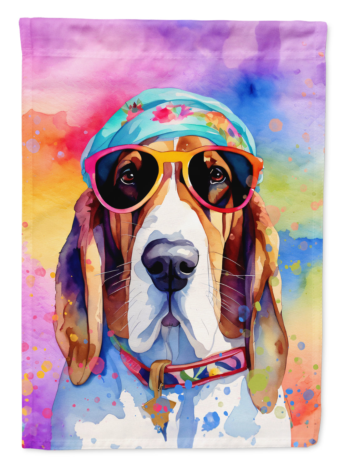 Basset Hound Hippie Dawg Garden Flag – Retro Dog with Sunglasses & Multicolored Background