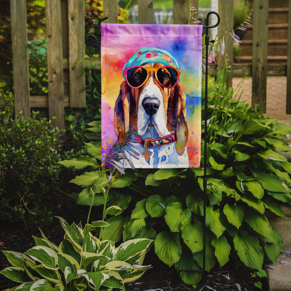 Basset Hound Hippie Dawg Garden Flag – Retro Dog with Sunglasses & Multicolored Background