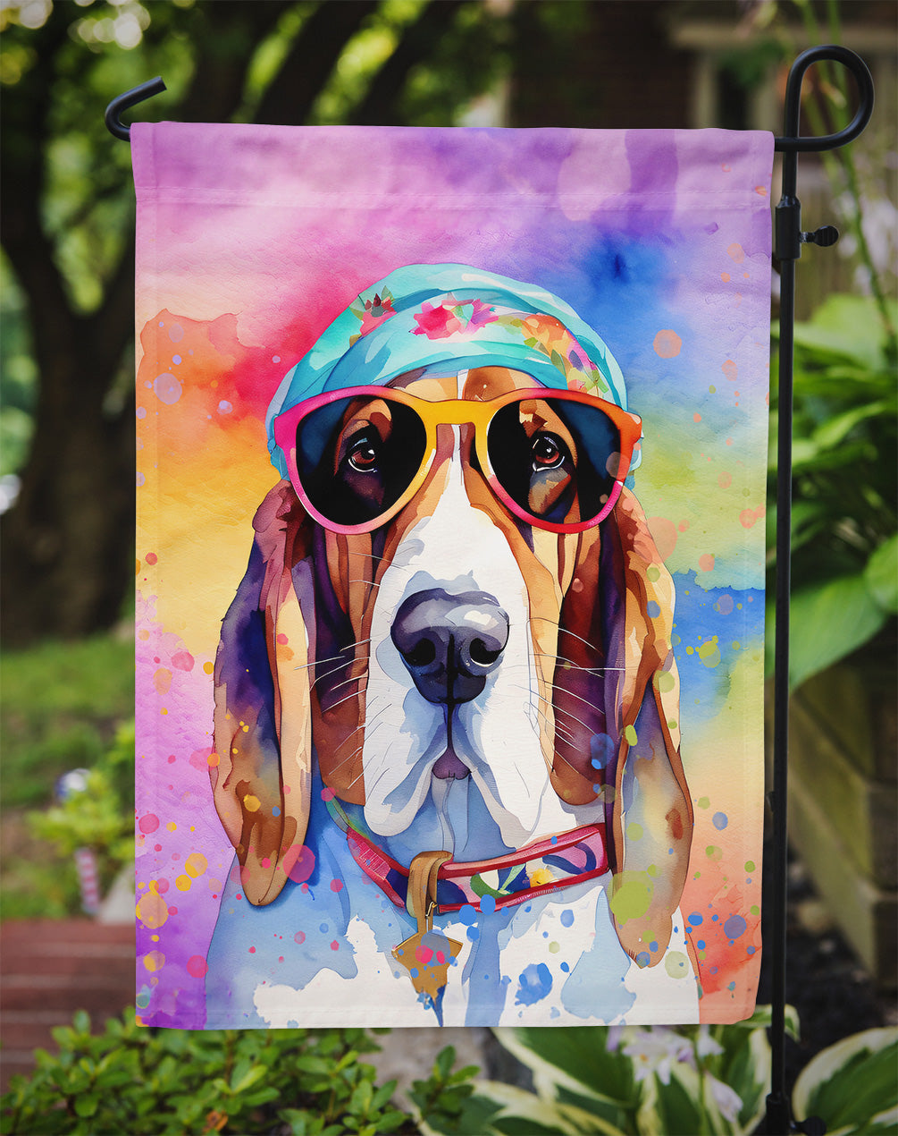 Basset Hound Hippie Dawg Garden Flag – Retro Dog with Sunglasses & Multicolored Background