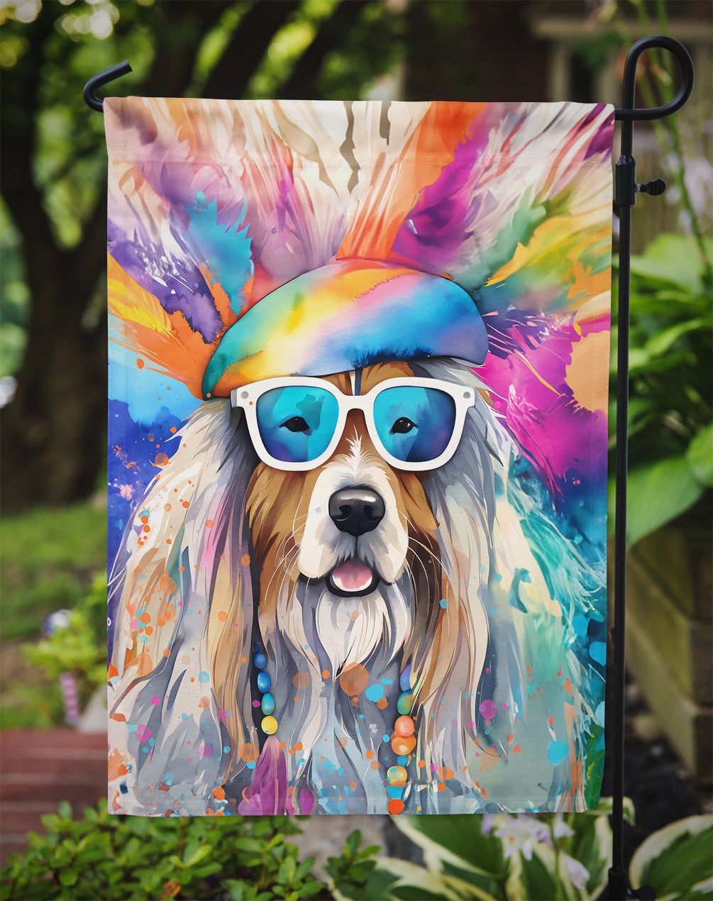 Bearded Collie Hippie Dawg Garden Flag – Retro Dog with Sunglasses & Multicolored Background