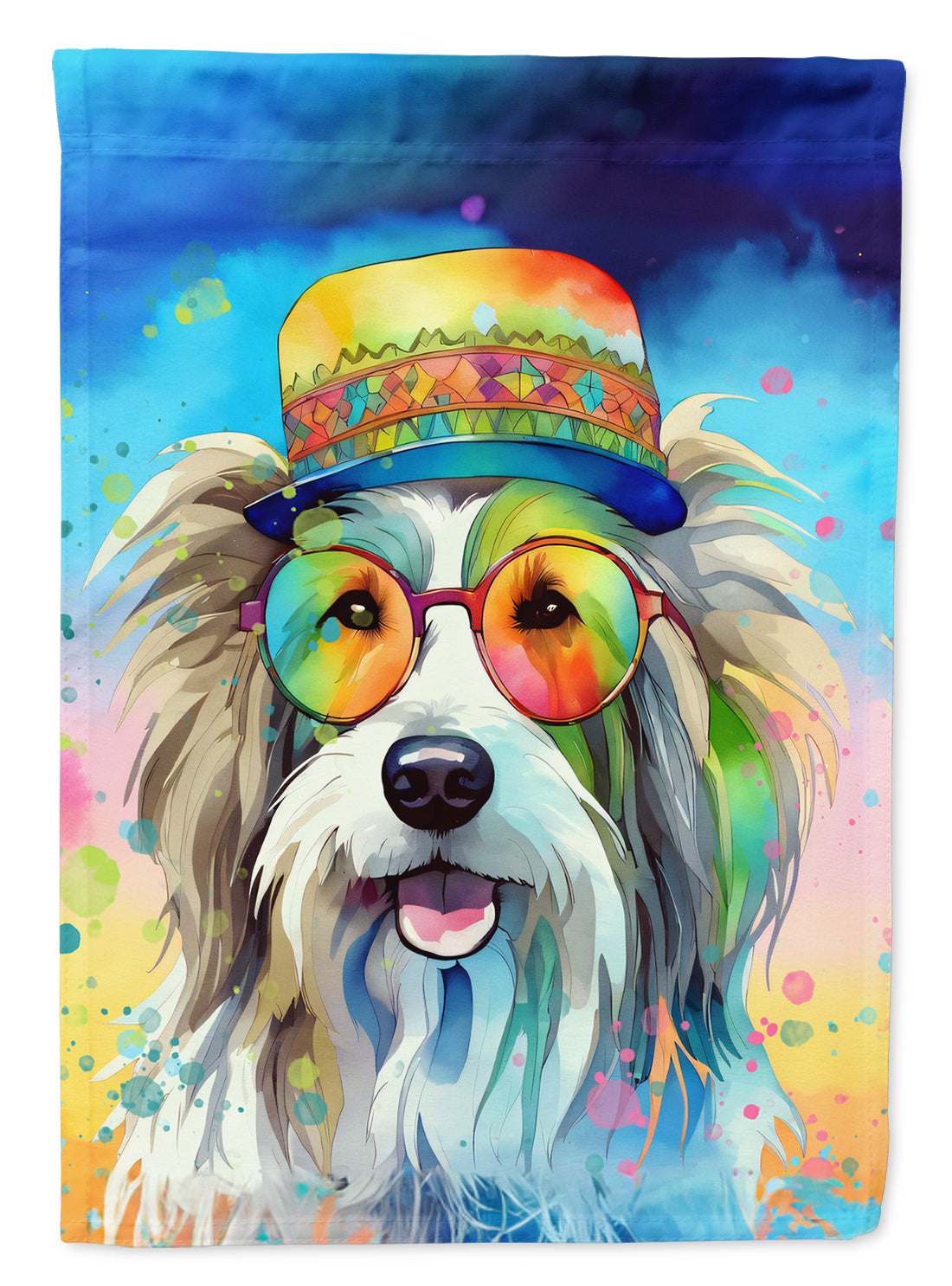 Bearded Collie Hippie Dawg Garden Flag – Retro Dog with Sunglasses & Multicolored Background