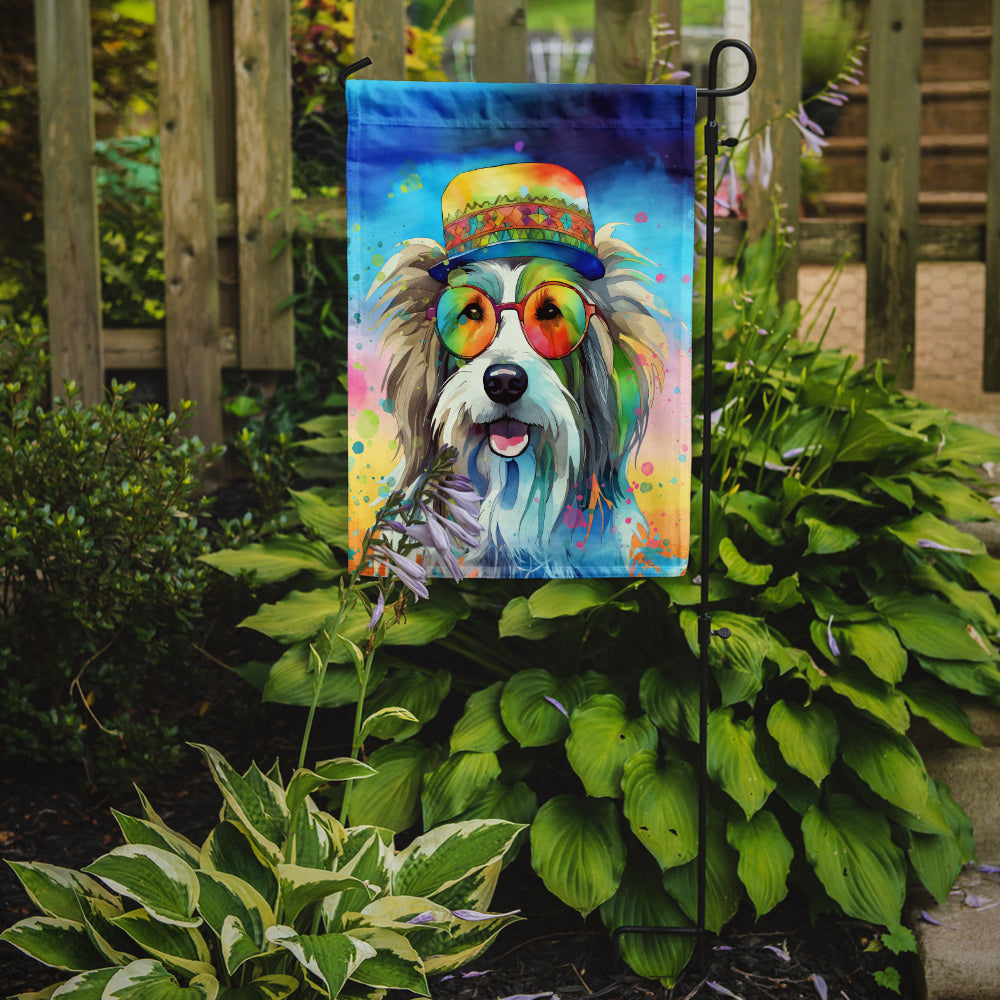 Bearded Collie Hippie Dawg Garden Flag – Retro Dog with Sunglasses & Multicolored Background